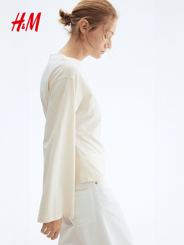 HM Women's T-Shirt Spring Straight Neck Embellished Skirt Dropped Shoulder Wide Long Sleeve Bottom Top 1301320