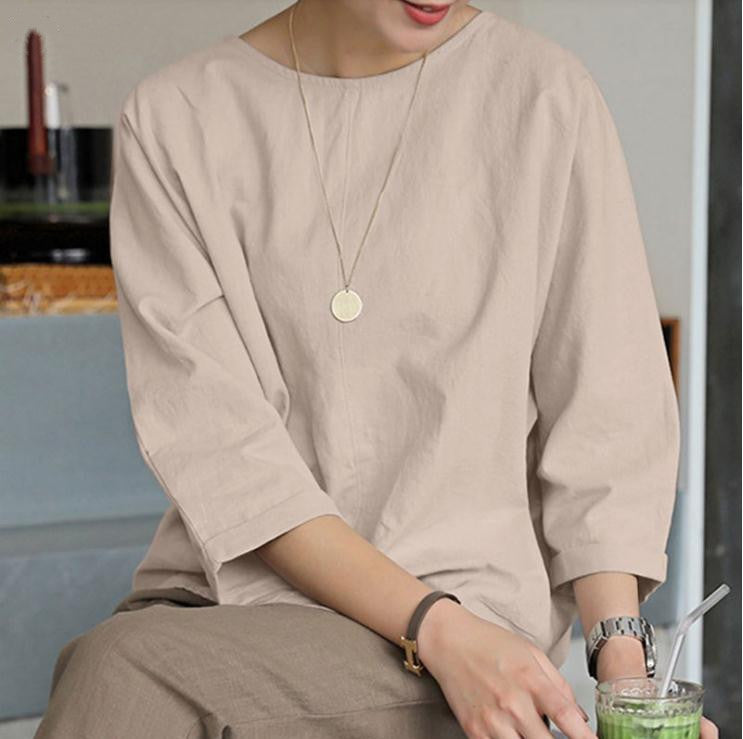 Summer literary cotton and linen solid color short-sleeved pullover round neck shirt loose and simple casual 7-minute sleeve doll top