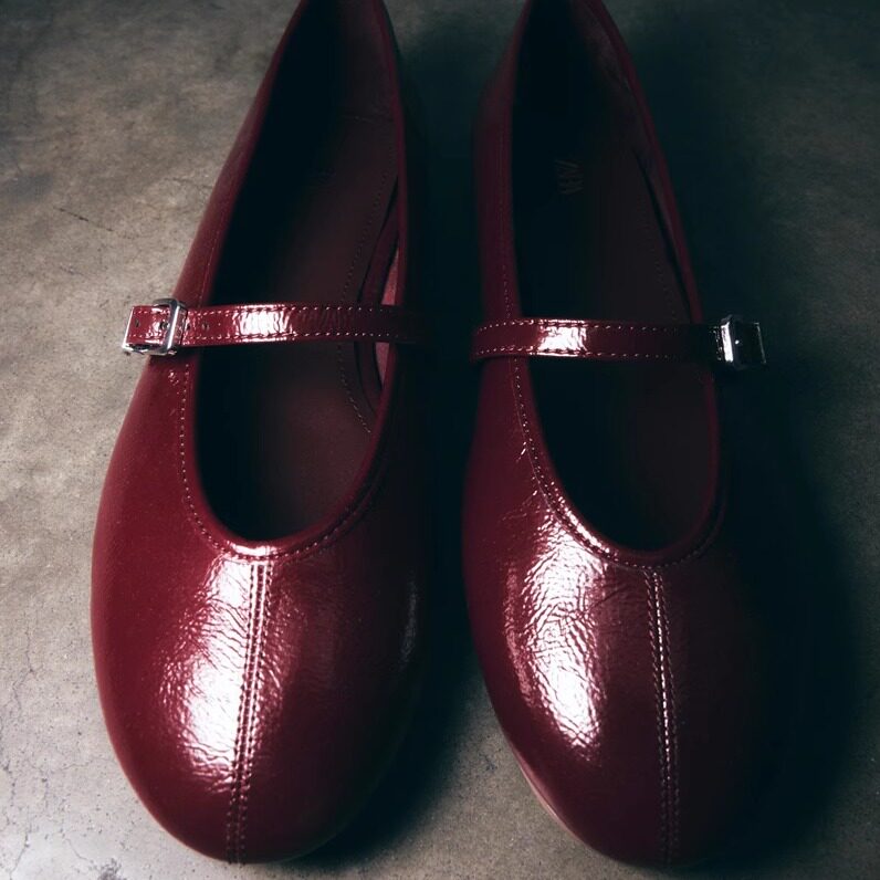 ZA Spring 2025 New Women's Shoes Burgundy Patent Leather Effect Ballet Shoes Flat Single Shoes Flat Heel Casual Versatile