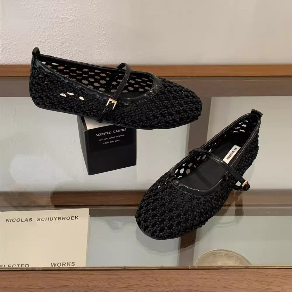 2026 Spring New Hollow Woven Mary Jane Shoes Women's Flats with Strap Straps