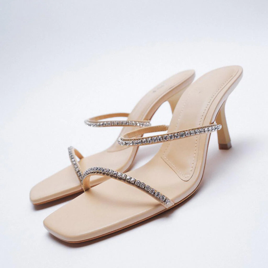 Rhinestone Strap Square Toe Heels