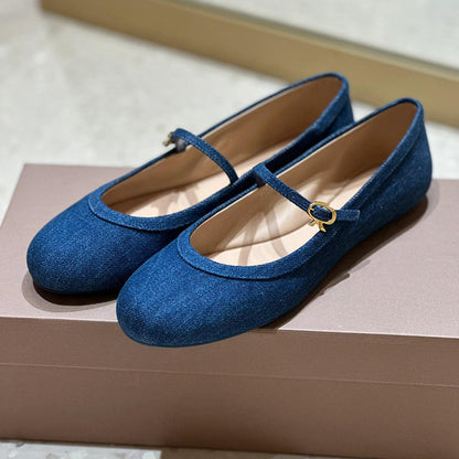 2025 summer new round-toed shallow one-button flat denim Mary Jane single shoes women's leather Korean version of small leather shoes