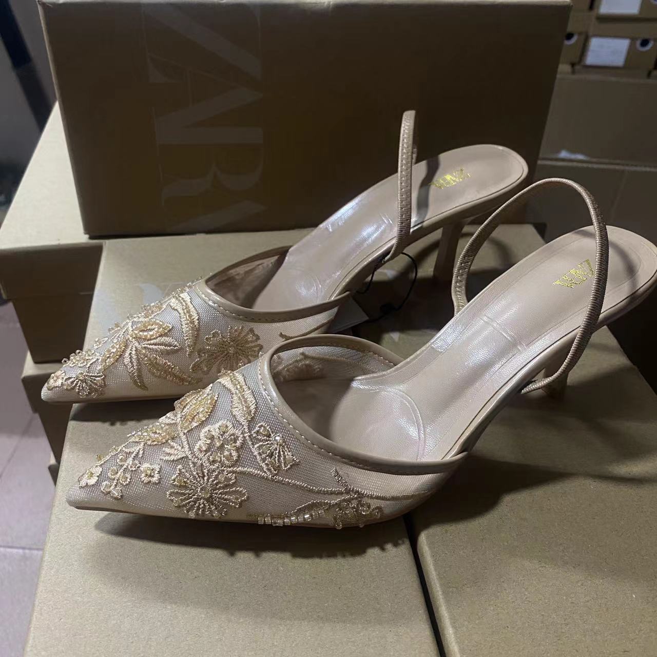 Zara floral embroidered mesh heeled slingback shoes
