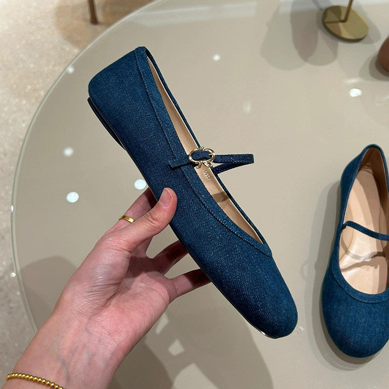 2025 summer new round-toed shallow one-button flat denim Mary Jane single shoes women's leather Korean version of small leather shoes