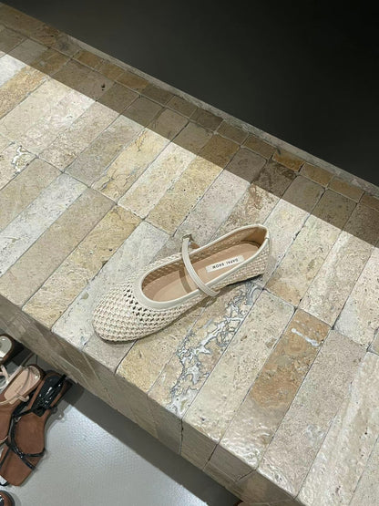 Summer 2025 New Round Toe French Flat Mary Jane Shoes Woven Vintage Single Shallow One Strap Single Shoe