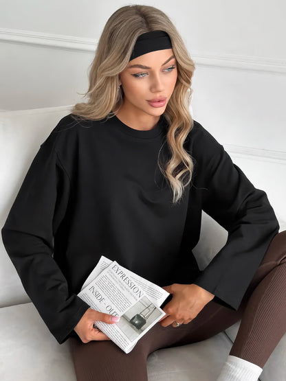 High-quality solid color simple long-sleeved T-shirt women's mid-length version European and American style cross-border loose casual new crew neck top