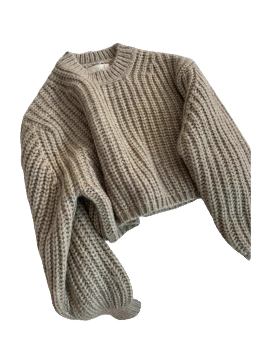 Gray Cropped thick line women's autumn and winter round neck pullover knit top sweater