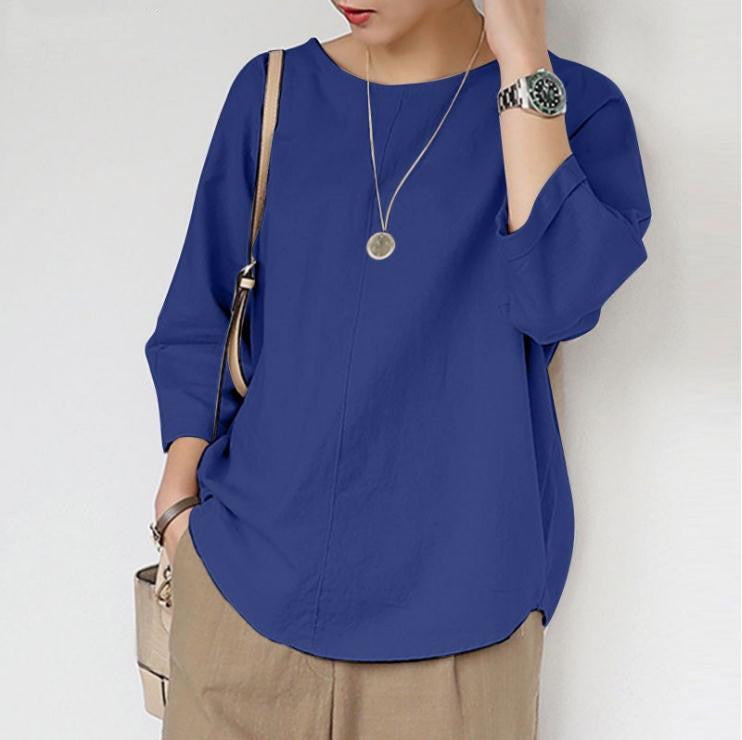 Summer literary cotton and linen solid color short-sleeved pullover round neck shirt loose and simple casual 7-minute sleeve doll top