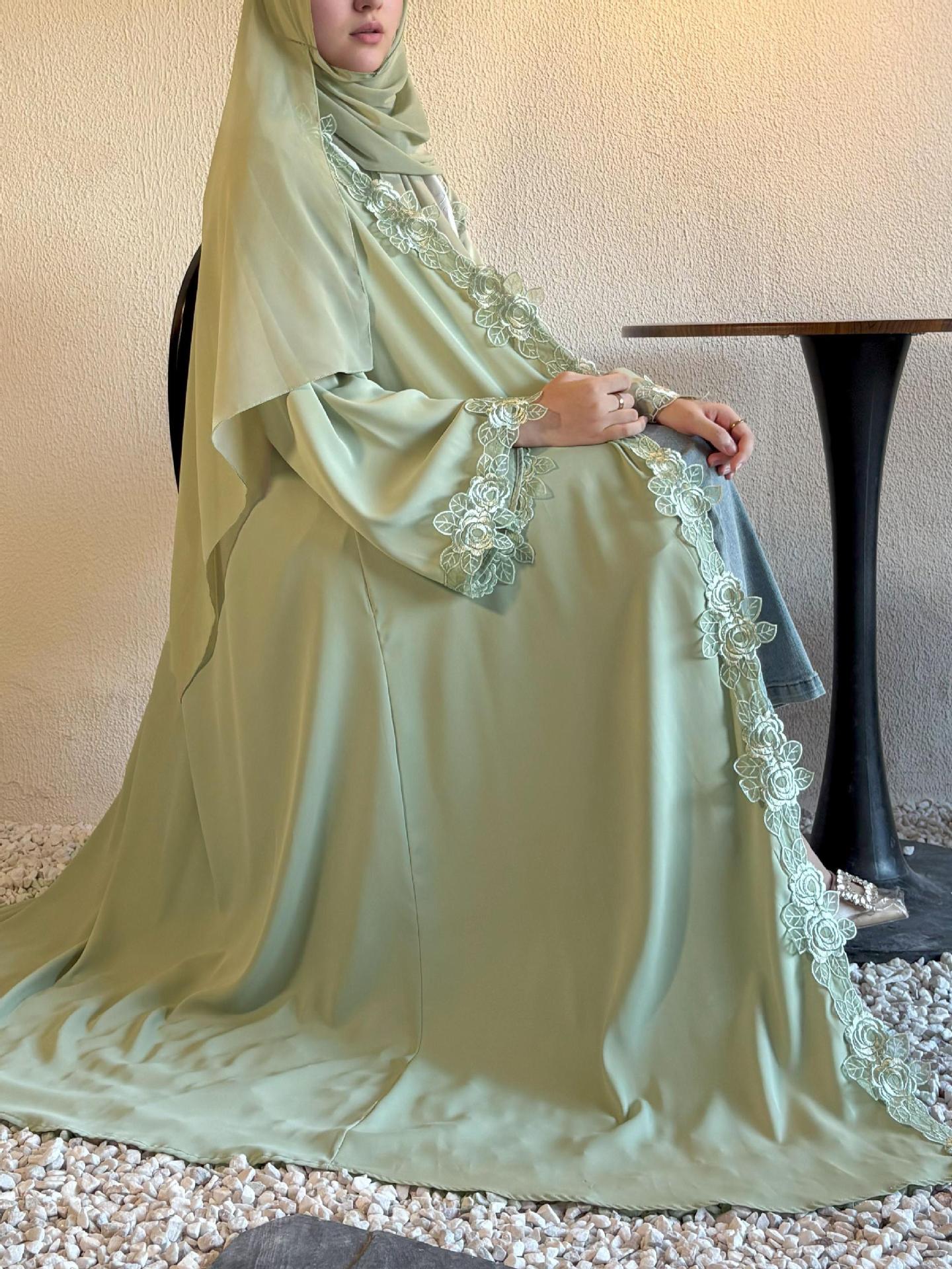 AliExpress Middle East Cross Border Green Lace Jacket Skirt Bandana Simple Women's Dress Flower