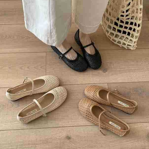 Summer 2025 New Round Toe French Flat Mary Jane Shoes Woven Vintage Single Shallow One Strap Single Shoe