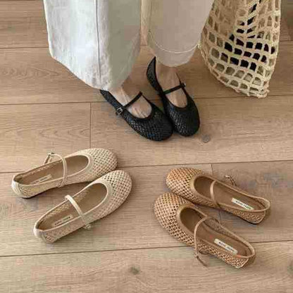 Summer 2025 New Round Toe French Flat Mary Jane Shoes Woven Vintage Single Shallow One Strap Single Shoe