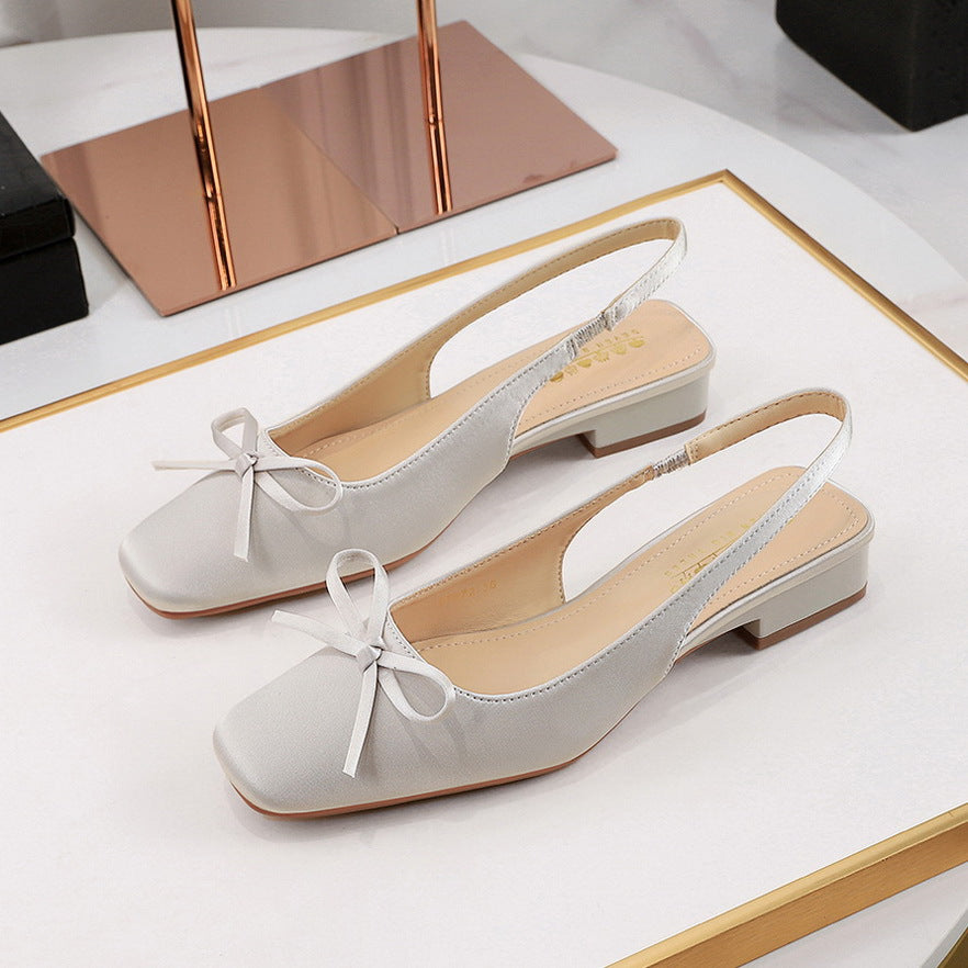 972-H101 Stunning French Small Square Toe Singles Versatile Bow Shallow Back Hollow Low Heel Satin Evening Style Women's Shoes