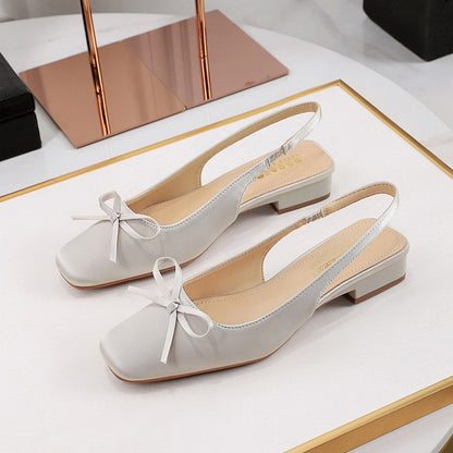 972-H101 Stunning French Small Square Toe Singles Versatile Bow Shallow Back Hollow Low Heel Satin Evening Style Women's Shoes