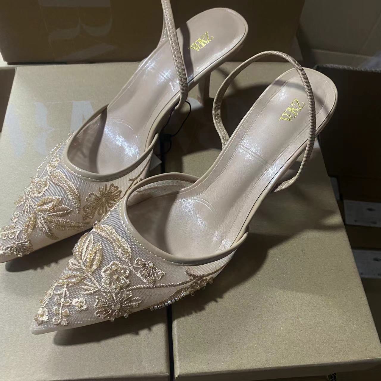 Zara floral embroidered mesh heeled slingback shoes