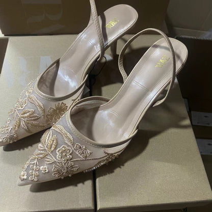 Zara floral embroidered mesh heeled slingback shoes