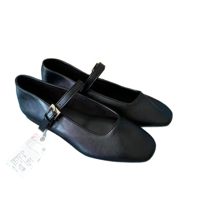 ZA Cowhide Mary Jane Flats 2025 New Square Toe Single Shoes Vintage Genuine Leather Strap Versatile Ballet Shoes Hugh
