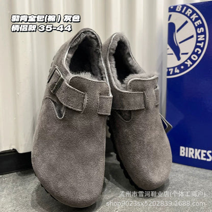 Sheepskin and wool integrated Birkenstock shoes women's half slippers winter 2025 new cork fleece cotton shoes Bokenstock slippers