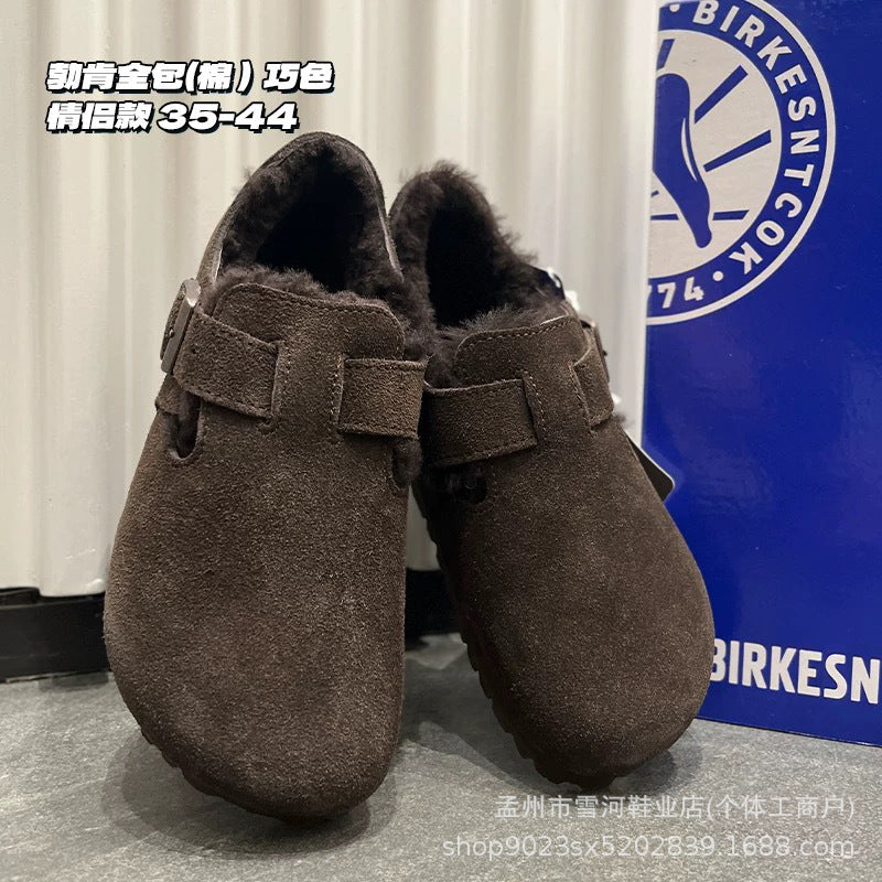 Sheepskin and wool integrated Birkenstock shoes women's half slippers winter 2025 new cork fleece cotton shoes Bokenstock slippers