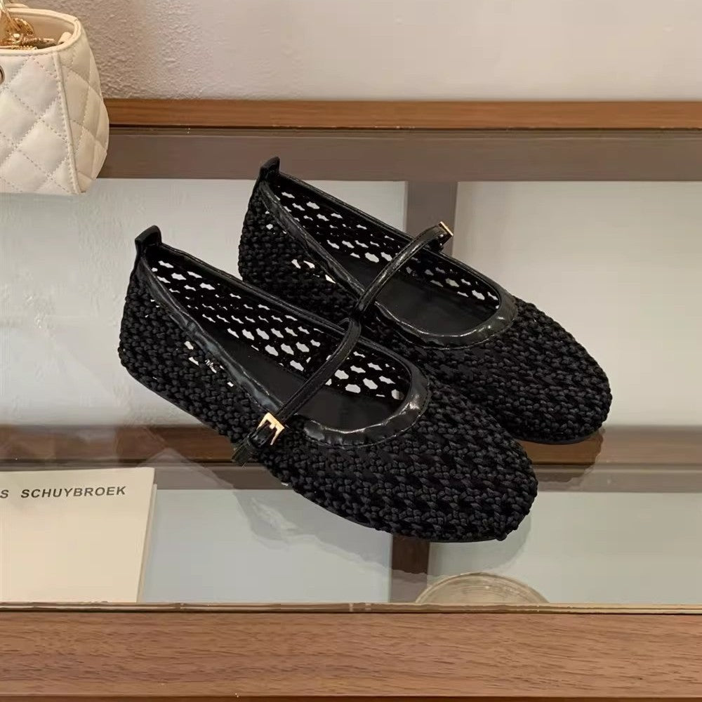 2026 Spring New Hollow Woven Mary Jane Shoes Women's Flats with Strap Straps