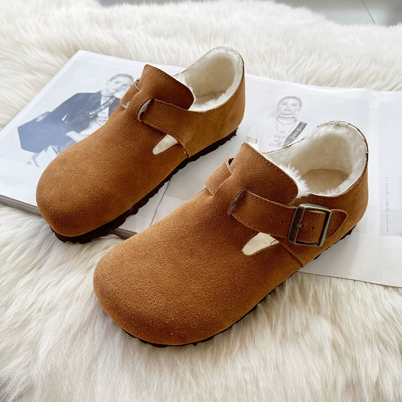 Sheepskin fur integrated Birkenstock shoes female genuine leather cork Boken edamame bean shoes autumn and winter pile platform snow boots
