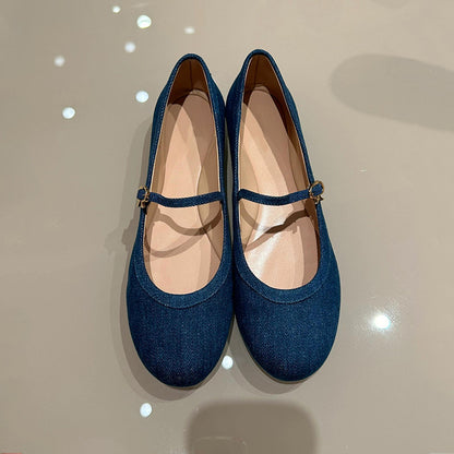 2025 summer new round-toed shallow one-button flat denim Mary Jane single shoes women's leather Korean version of small leather shoes