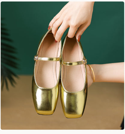 2026 new French soft leather one-button square toe shallow temperament retro Mary Jane single shoes women's flat gold