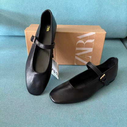 ZA Cowhide Mary Jane Flats 2025 New Square Toe Single Shoes Vintage Genuine Leather Strap Versatile Ballet Shoes Hugh
