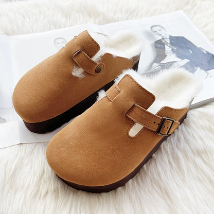 Sheepskin fur integrated Birkenstock shoes female genuine leather cork Boken edamame bean shoes autumn and winter pile platform snow boots