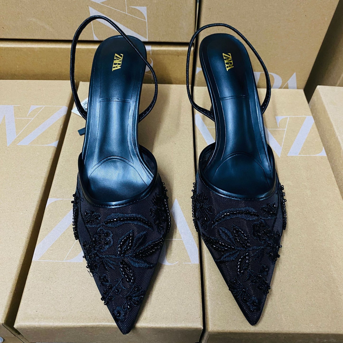 Zara floral embroidered mesh heeled slingback shoes