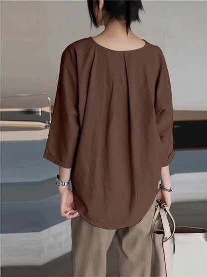 Summer literary cotton and linen solid color short-sleeved pullover round neck shirt loose and simple casual 7-minute sleeve doll top