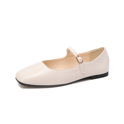 2026 new French soft leather one-button square toe shallow temperament retro Mary Jane single shoes women's flat gold
