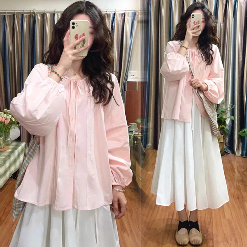 Pink sunscreen lantern sleeve design niche shirt + off-white belly support skirt