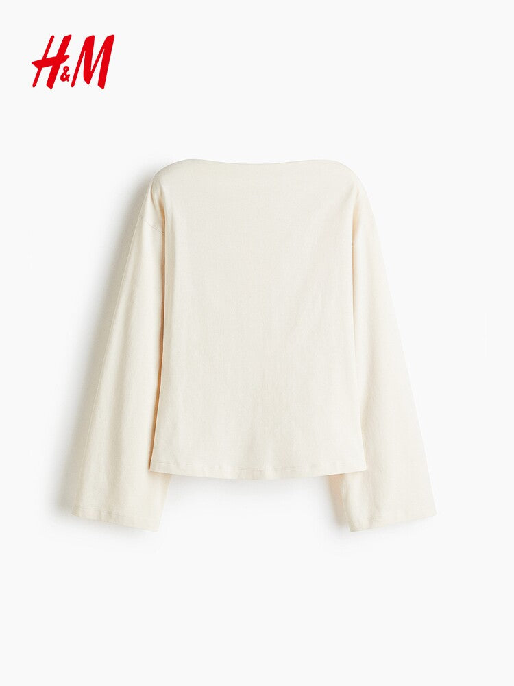 HM Women's T-Shirt Spring Straight Neck Embellished Skirt Dropped Shoulder Wide Long Sleeve Bottom Top 1301320