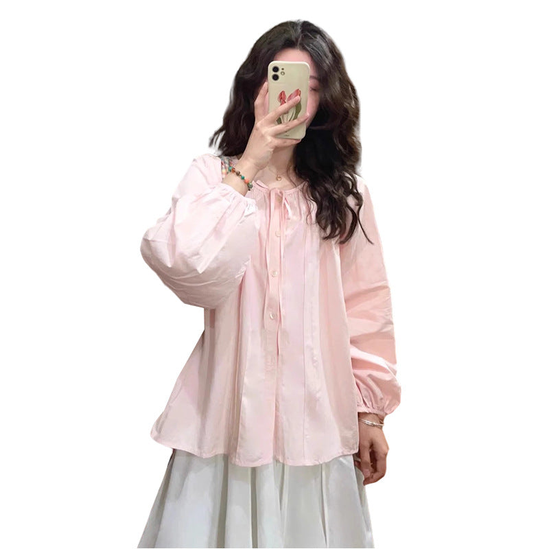 Pink sunscreen lantern sleeve design niche shirt + off-white belly support skirt