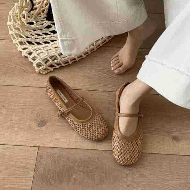 Summer 2025 New Round Toe French Flat Mary Jane Shoes Woven Vintage Single Shallow One Strap Single Shoe
