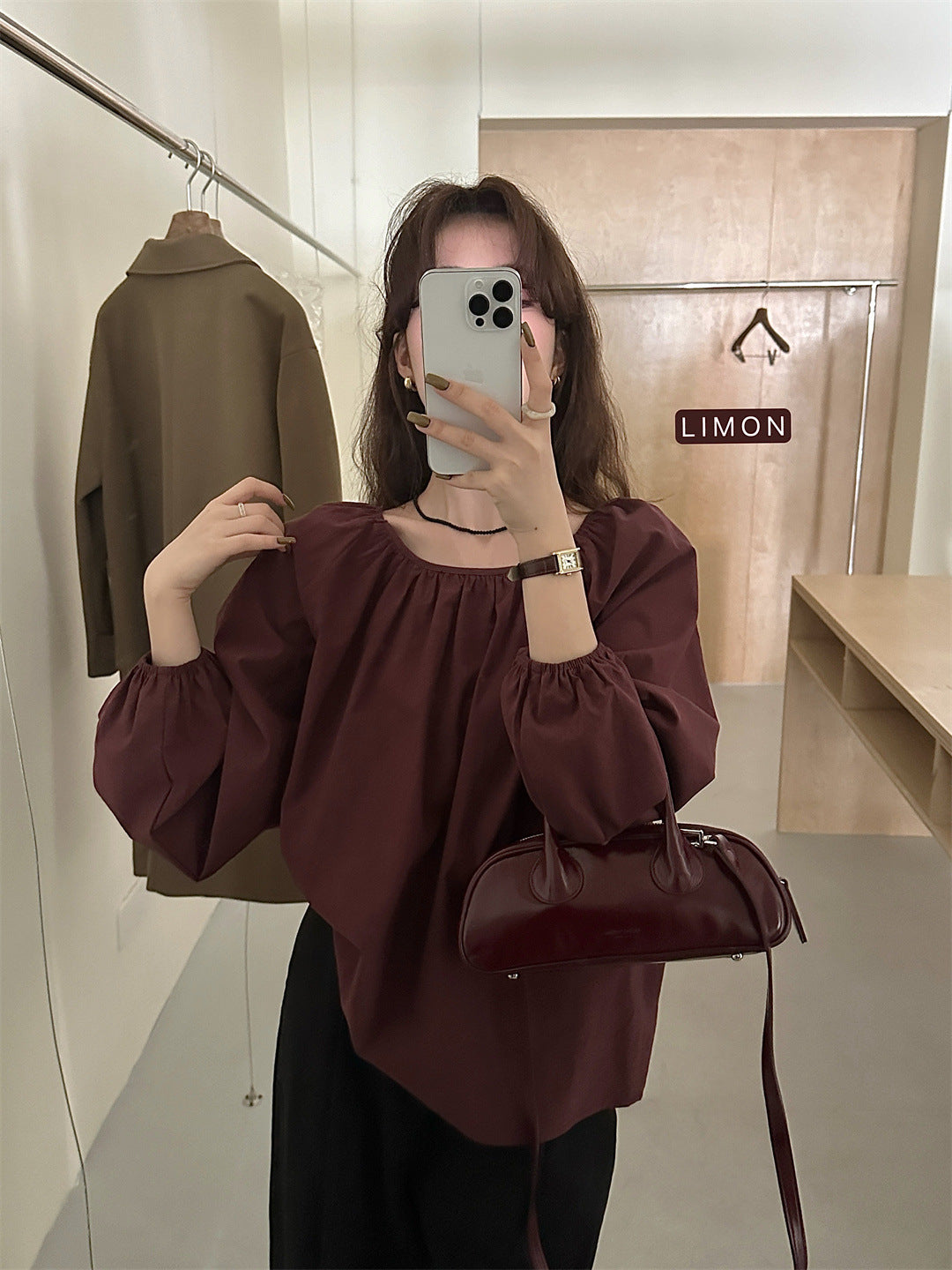 THE LEMON Green Tea 2024 Autumn New Korean Simple Temperament Crew Neck Solid Color Shirt Top Trend