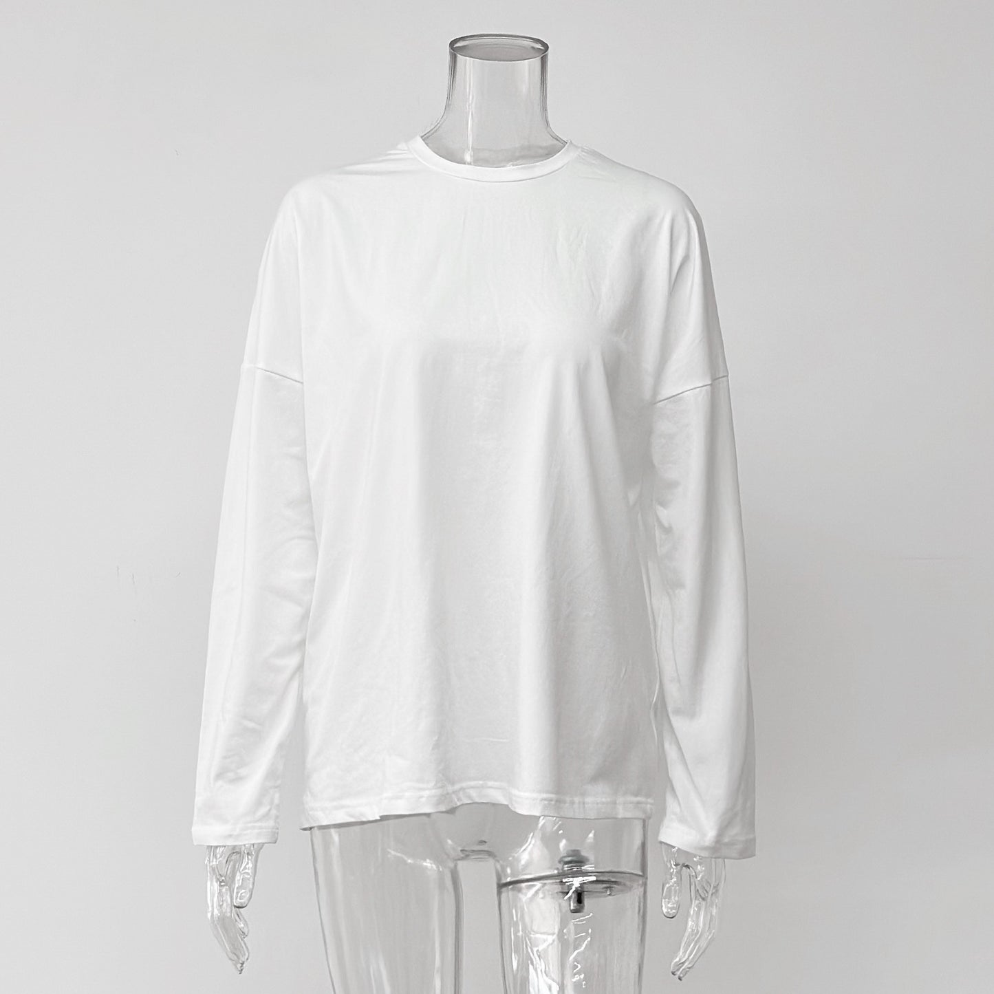 High-quality solid color simple long-sleeved T-shirt women's mid-length version European and American style cross-border loose casual new crew neck top