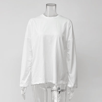 High-quality solid color simple long-sleeved T-shirt women's mid-length version European and American style cross-border loose casual new crew neck top