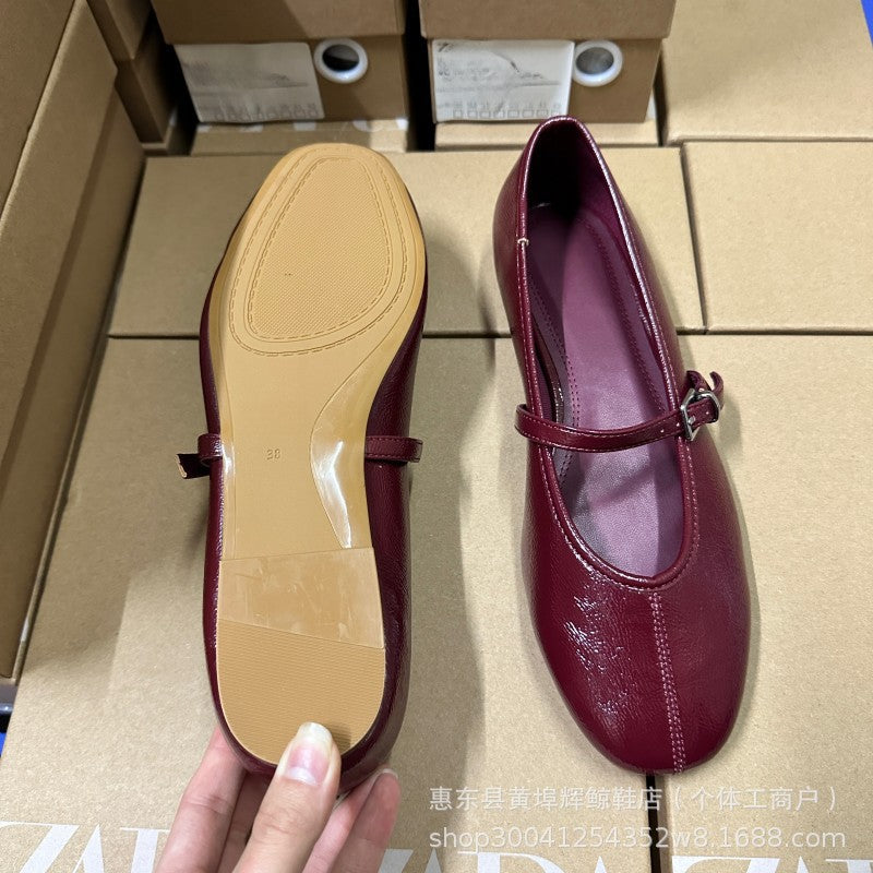 Burgundy Dark Cherry Red women's mary jane ballet shoes 2025 spring and autumn