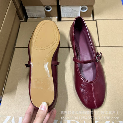 Burgundy Dark Cherry Red women's mary jane ballet shoes 2025 spring and autumn