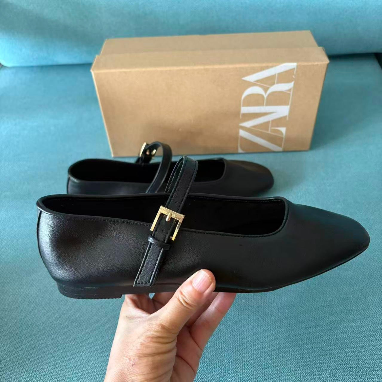 ZA Cowhide Mary Jane Flats 2025 New Square Toe Single Shoes Vintage Genuine Leather Strap Versatile Ballet Shoes Hugh