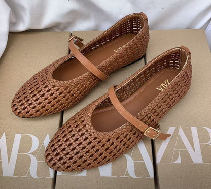 ZR African Round Toe Versatile One-Line Strap Hollow Plus Size Mary Jane Women's Shoes Flat Woven Single Shoes Women's Casual Versatile