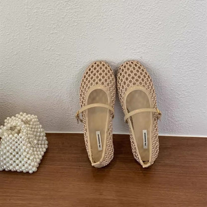 2026 Spring New Hollow Woven Mary Jane Shoes Women's Flats with Strap Straps