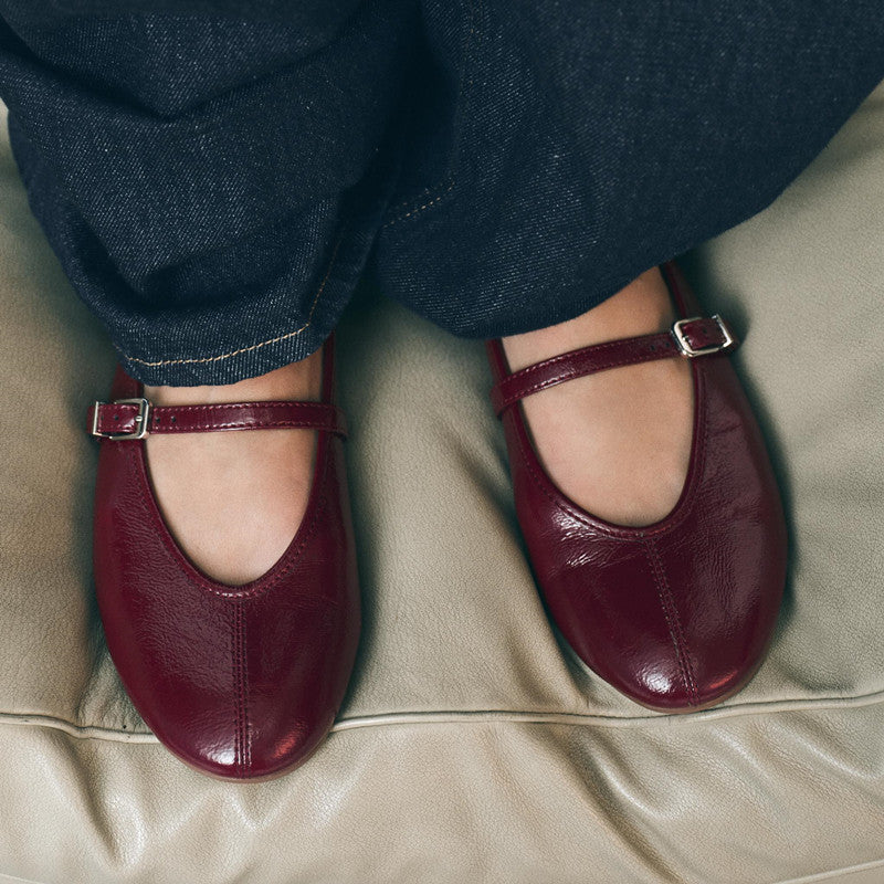ZA Spring 2025 New Women's Shoes Burgundy Patent Leather Effect Ballet Shoes Flat Single Shoes Flat Heel Casual Versatile