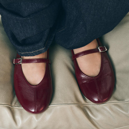 ZA Spring 2025 New Women's Shoes Burgundy Patent Leather Effect Ballet Shoes Flat Single Shoes Flat Heel Casual Versatile