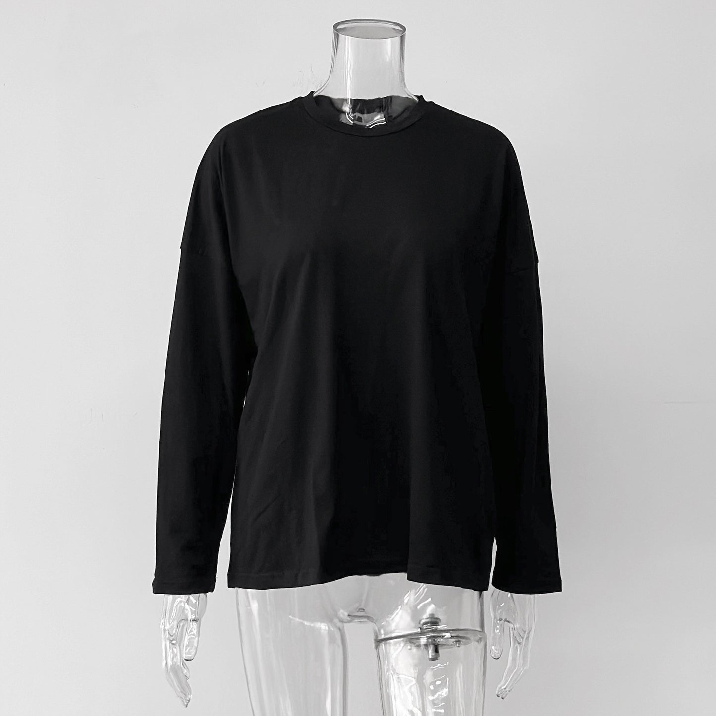 High-quality solid color simple long-sleeved T-shirt women's mid-length version European and American style cross-border loose casual new crew neck top