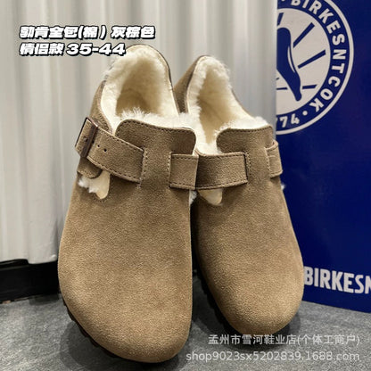 Sheepskin and wool integrated Birkenstock shoes women's half slippers winter 2025 new cork fleece cotton shoes Bokenstock slippers