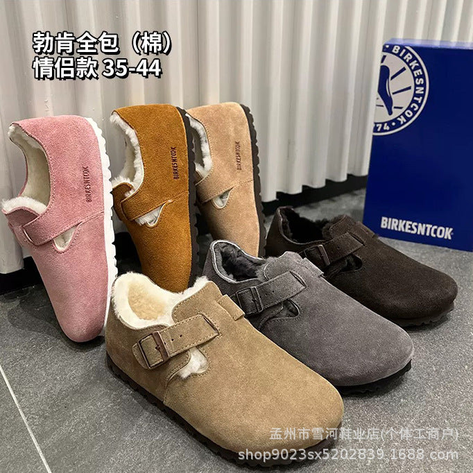 Sheepskin and wool integrated Birkenstock shoes women's half slippers winter 2025 new cork fleece cotton shoes Bokenstock slippers