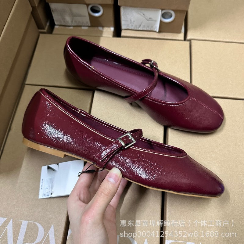 Burgundy Dark Cherry Red women's mary jane ballet shoes 2025 spring and autumn