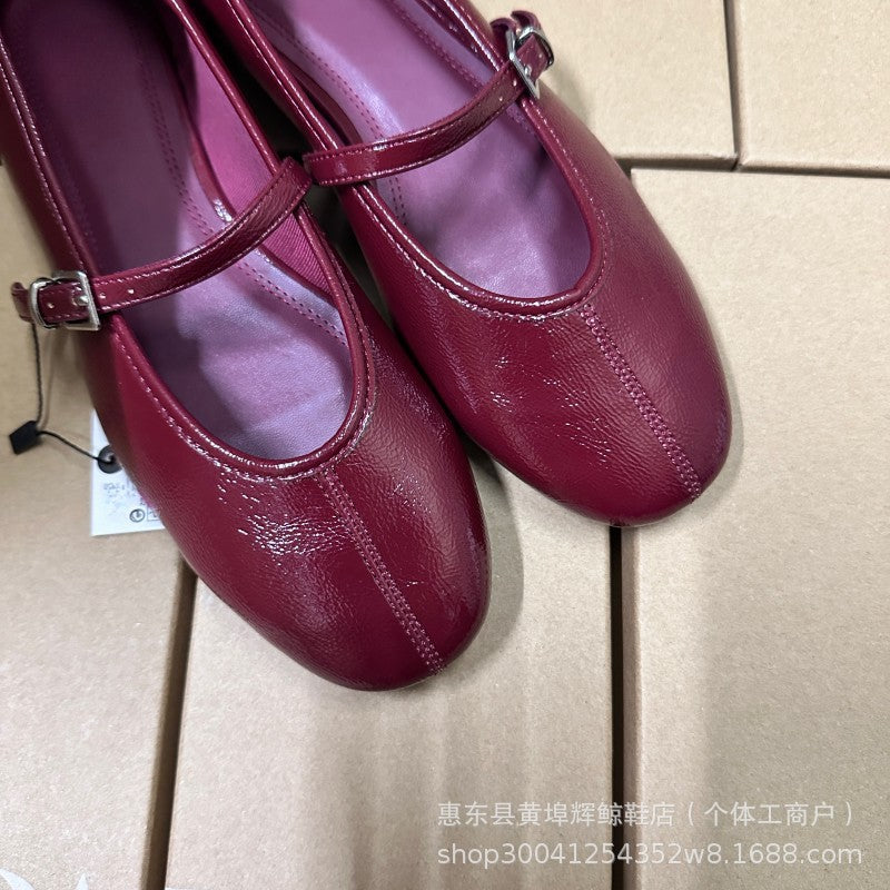 Burgundy Dark Cherry Red women's mary jane ballet shoes 2025 spring and autumn